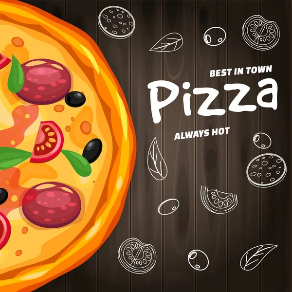 Pizza Pizzeria Italyan malzemeler ve metin ahşap arka plan hızlı gıda üst görünüm şablon broşürü baner. Yemek menüsü veya sokak gıda posterleri tasarım, baskılar, Web için vektör illüstrasyon