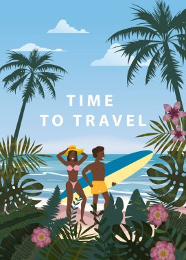 Yaz Tatili Beach Mutlu Çift Seyahat Zamanı. Surfboard ile Karısı ve Kocası Seashore Floral Sahilde Kum Denizi Okyanusu Having Fun yürüyüş Beach Vacation zevk. Vektör İllüstrasyonu