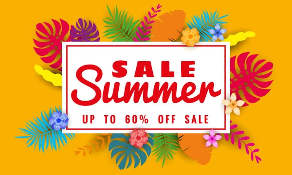 Summer sale banner template for seasonal sales with tropical leaves flowers background, color exotic floral design banner, flyer, invitation, poster. Paper cut style, vector illustration — Stock Vector