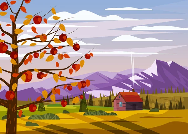 Campo de otoño paisaje rural manzano paisaje fruta cosecha estación bosque granja casa otoño panorama horizonte ambiente romántico. Ilustración vector banner aislado cartel postal tendencia plana — Archivo Imágenes Vectoriales