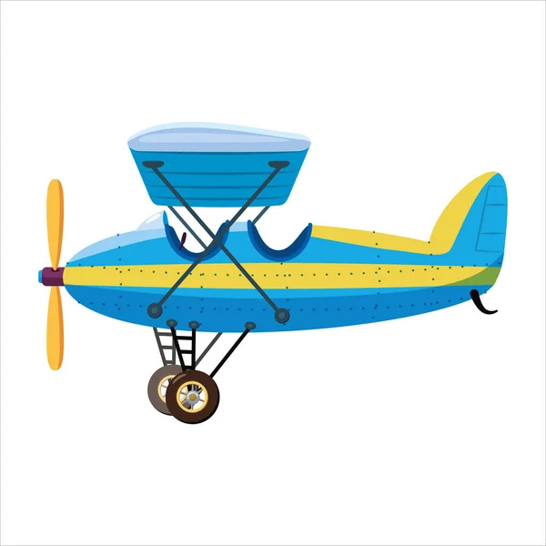 Avión vintage monoplano dibujos animados de color azul retro. Vector aislado estilo de dibujos animados — Vector de stock