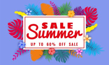 Yaz satışı afiş tropikal yaprakları çiçekler arka plan, renk egzotik çiçek tasarım banner, afiş, davetiye, poster ile mevsimlik satış için şablon. Kağıt kesme stili, vektör illüstrasyon