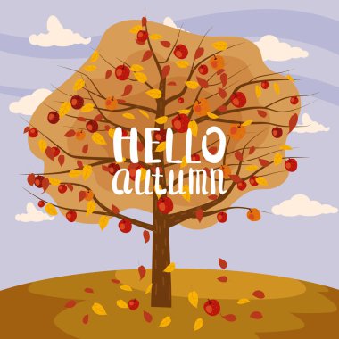 Merhaba Sonbahar elma ağacı manzara meyve hasat mevsimi moda tarzı düz karikatür panorama ufuk yazı. İllüstrasyon vektör izole afiş kartpostal posteri