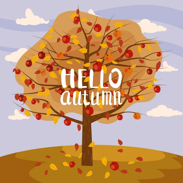 Hello Autumn apple tree landscape harvest season lettering in trend style flat cartoon panorama horizon. Иллюстрационный векторный плакат — стоковый вектор