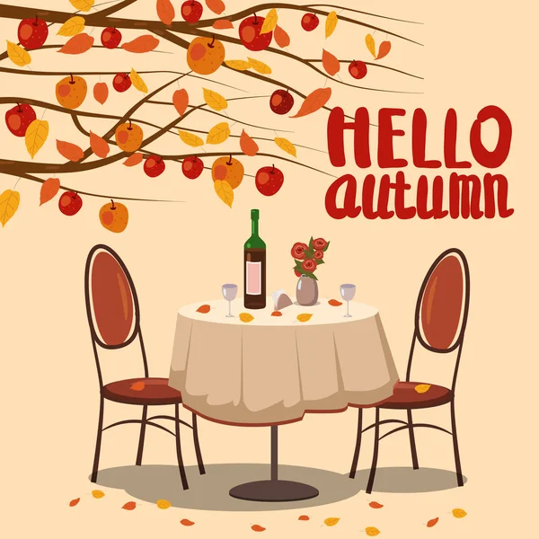 Bonjour Table basse d'automne avec vin pour deux personnes branches d'automne de feuilles tombantes feuillage, chaises fleurs dans l'ambiance romantique du parc. Vecteur d'illustration isolé — Image vectorielle