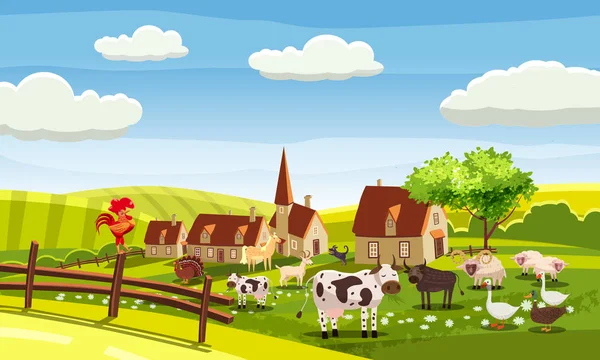 Granja rural paisaje con campos verdes colinas y granjas pueblo edificios animales vacas ovejas carnero ganso pato polla toro pavo. Ilustración vectorial cartel baner aislado — Archivo Imágenes Vectoriales