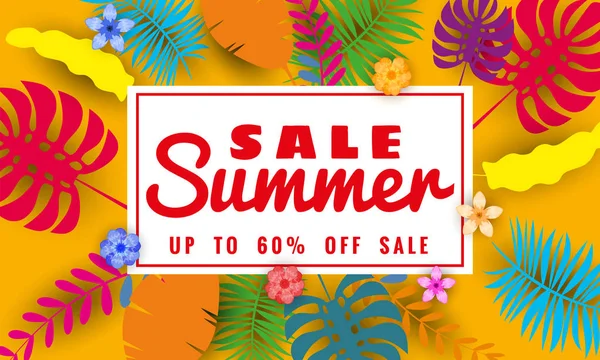 Καλοκαίρι πώληση χαρτί κόψιμο στυλ, πρότυπο banner για εποχιακές πωλήσεις με τροπικά φύλλα λουλούδια φόντο, χρώμα εξωτικά floral σχέδιο πανό, Φέιγ βολάν, πρόσκληση, αφίσα. Απεικόνιση διανυσματικών φορέων — Διανυσματικό Αρχείο