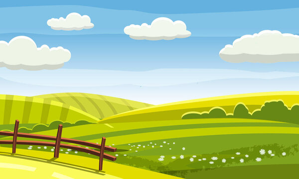 Felds and hills rural landscape. Cartoon countryside valley with green hills trees flowers blue sky and curly clouds. Vector nature horizon pasture view isolated background