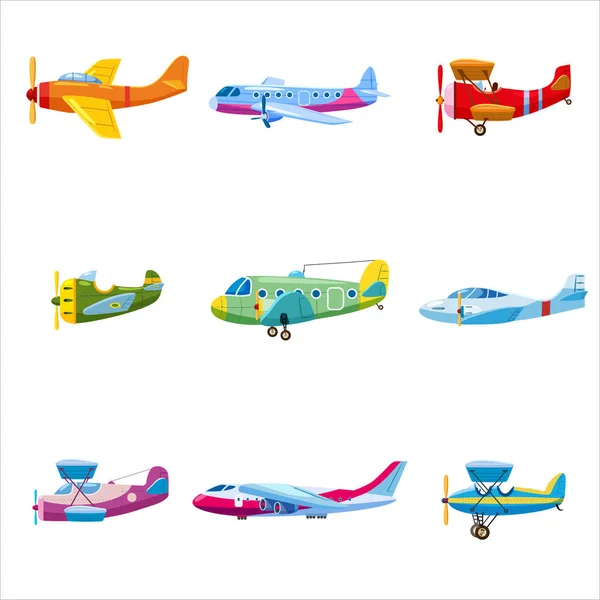 Set van vliegtuigen luchtvaartuigen verschillende kleur. Retro, persoonlijke, vracht, snelheid, dubbeldekker, monoplane. Vector geïsoleerde cartoon stijl — Stockvector