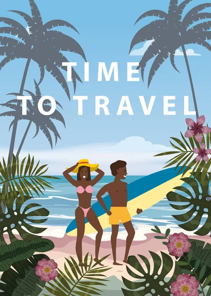 Yaz Tatili Beach Mutlu Çift Seyahat Zamanı. Surfboard ile Karısı ve Kocası Seashore Floral Sahilde Kum Denizi Okyanusu Having Fun yürüyüş Beach Vacation zevk. Vektör İllüstrasyonu