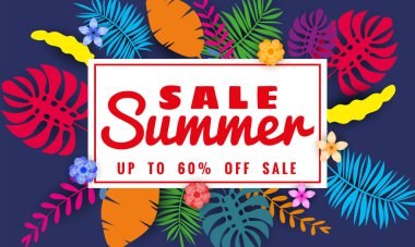 Yaz satışı kağıt kesim tarzı, afiş tropikal yaprakları çiçekler arka plan, renk egzotik çiçek tasarım banner, afiş, davetiye, poster ile mevsimlik satış için şablon. Vektör Illustration