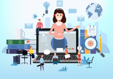 Dizüstü Elektronik Kütüphane uzaktan eğitim, online kurslar, e-öğrenme, Öğreticiler eğitim kursları üzerinde öğretmen antrenör eğitmen kadın ve öğrenciler ile online eğitim Webinar simgeler kompozisyon. Vektör