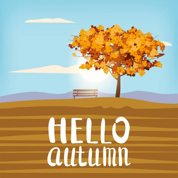 Ландшафтное дерево Hello Autumn, выходящее на сельскую местность, желто-коричневые листья листьев осеннего заката, панорамная скамейка речного озера. Векторный изолированный плакат — стоковый вектор