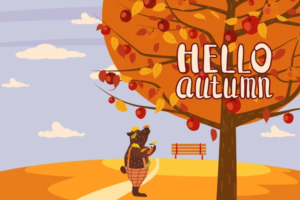Hola manzano de otoño Lindo oso en pantalones con paisaje de manzana temporada de cosecha de frutas letras en estilo tendencia horizonte plano de dibujos animados. Ilustración vector banner aislado postal cartel — Vector de stock