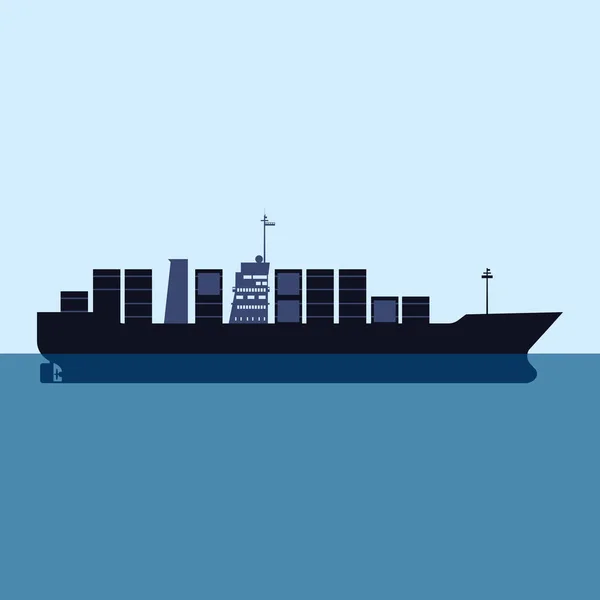 Lastfartyg tankfartyg med containrar i havet. Leverans, transport, Silhouette fraktgods transport vektor isolerad tecknad platt stil — Stock vektor