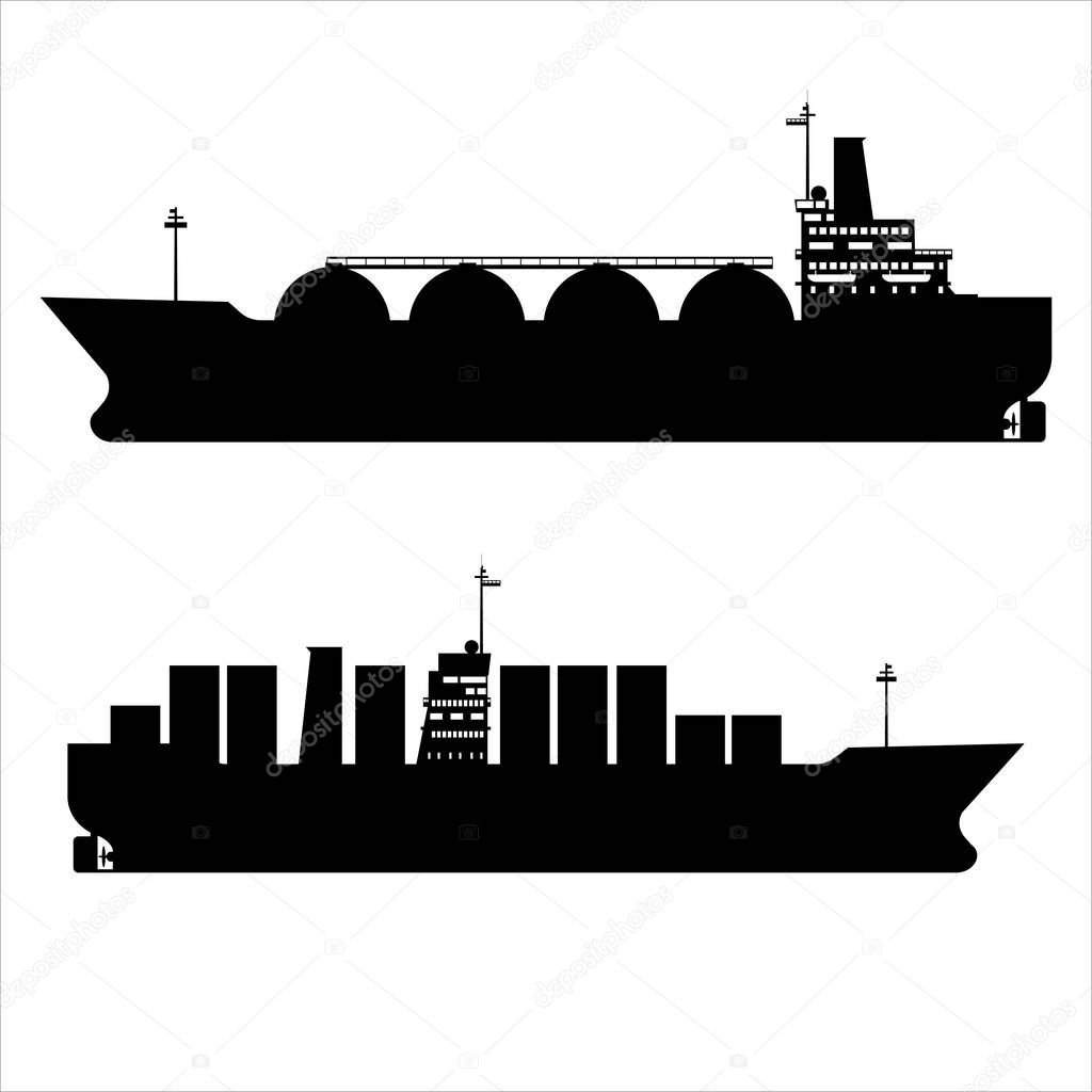 Icon set Gas tanker LNG Cargo ship tanker with containers. Delivery, silhouette transportation, shipping freight transportation Vector isolated cartoon flat style