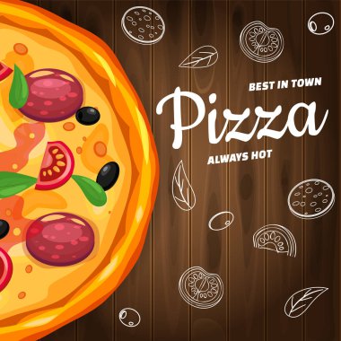 Pizza Pizzeria Italyan malzemeler ve metin ahşap arka plan hızlı gıda üst görünüm şablon broşürü baner. Yemek menüsü veya sokak gıda posterleri tasarım, baskılar, Web için vektör illüstrasyon