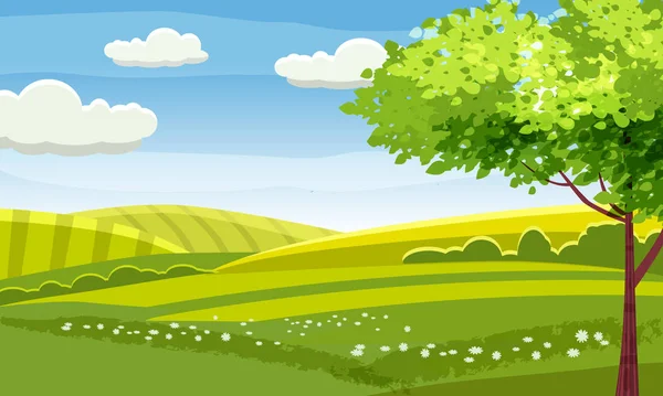Felds y colinas paisaje rural. Valle del campo de dibujos animados con verdes colinas árboles flores cielo azul y nubes rizadas. Vector naturaleza horizonte pastos vista aislado fondo — Archivo Imágenes Vectoriales