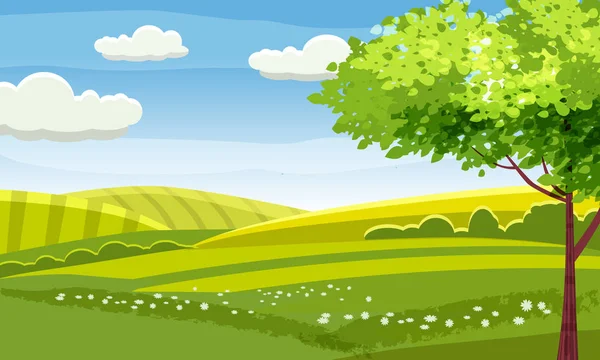 Paisaje verde primaveral en el borde del bosque, una colina. El camino va a la distancia. Pájaros cantando. Cielo azul. Colores jugosos brillantes. Vector, ilustración, aislado. Estilo de dibujos animados - Vector Paisaje verde primaveral en el borde del bosque, una colina. El camino va a la distancia. Pájaros cantando. Cielo azul. Colores jugosos brillantes. Vector, ilustración, aislado. Estilo de dibujos animados - Vector