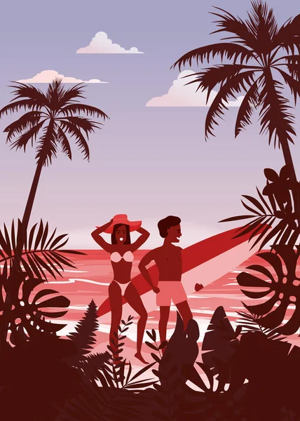 Cuplu fericit pe plaja de vacanță de vară. Soția și soțul cu Surfboard se bucură de o vacanță pe plajă plimbându-se pe Sand Sea Palm și floral exotic tropical de pe malul mării. Vector Illustration poster baner izolat — Vector de stoc
