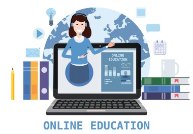 Dizüstü Elektronik Kütüphane uzaktan eğitim, online kurslar, e-öğrenme, Öğreticiler eğitim kursları üzerinde öğretmen antrenör eğitmen kadın ile online eğitim Webinar simgeler kompozisyon. Vektör düz