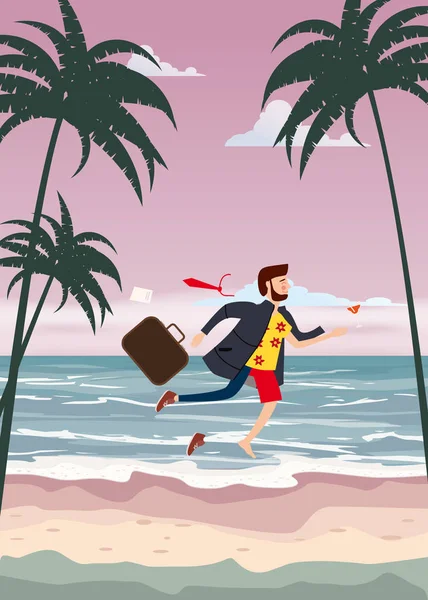 Transition to Vacation. Businessman in business clothes making the transitionon Summer Vacation Beach on Sand Sea Palm and exotic tropical seashore flora. Vector, illustration, isolated.