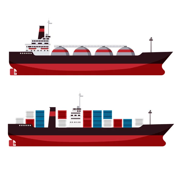 Set Tanque de gás LNG Navio de carga com contentores. Entrega, transporte, transporte de mercadorias Vector isolado desenho animado estilo plano — Vetor de Stock