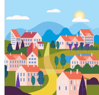 Binalar, dağlar tepeler ve ağaçlar ile Cityscape manzara. Trendy basit minimal geometrik düz tarzı vektör illüstrasyon, web siteleri, afiş, kapak posteri