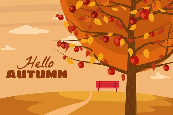 Hello Autumn apple tree landscape fruit harvest season in trend style flat cartoon panorama horizon. Illustration vector isolated banner postcard poster