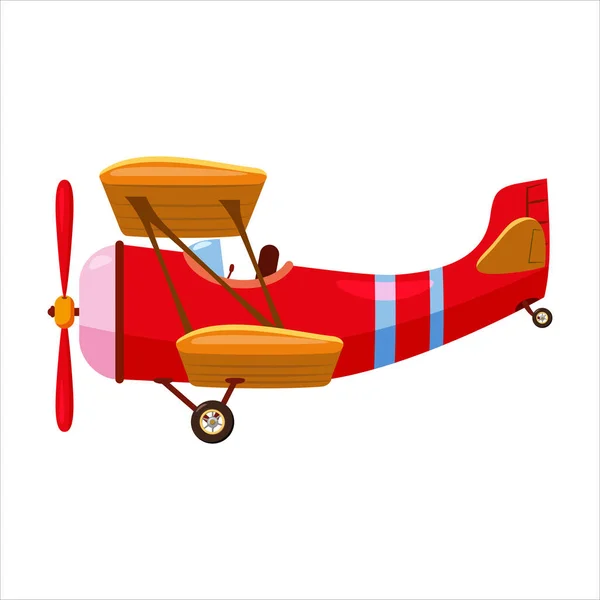 Avión vintage biplano de dibujos animados de color rojo retro. Vector aislado estilo de dibujos animados — Vector de stock