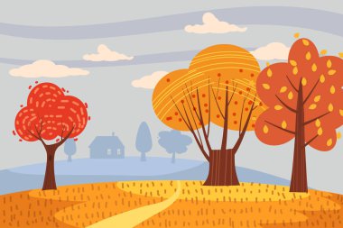 Yaprak kış manzara ağaç kırmızı turuncu renk gökyüzü sonbahar orman ufuk. Kartpostal düz illüstrasyon izole karikatür sembol stil vektör