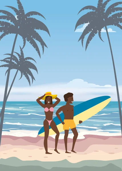 Happy Couple on Summer Vacation Beach. Wife and Husband with Surfboard enjoying Beach Vacation walking on Sand Sea Palm and exotic tropical seashore floral. Vector Illustration poster baner isolated