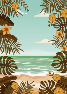 Sahil palmiye ağaçları. Vektör illüstrasyon. Şablon baner poster turizm gezi tatil sıcak ülke deniz kıyısı okyanus su dalga sahil sıcak güneş tatil yaz avuç içi egzotik çiçek dinlenmek. Vektör izole