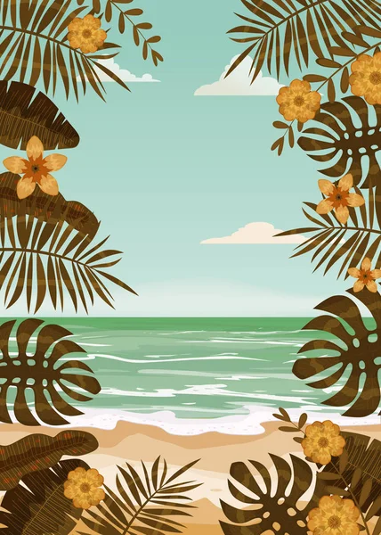 Sahil palmiye ağaçları. Vektör illüstrasyon. Şablon baner poster turizm gezi tatil sıcak ülke deniz kıyısı okyanus su dalga sahil sıcak güneş tatil yaz avuç içi egzotik çiçek dinlenmek. Vektör izole