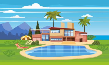 Egzotik bir ülkede ikamet modern Villa, lahdscape tropikal palmiye ağaçları pahalı Konağı. Lüks yazlık ev dış mavi yüzme havuzu şezlong plaj şemsiye. Karikatür vektör