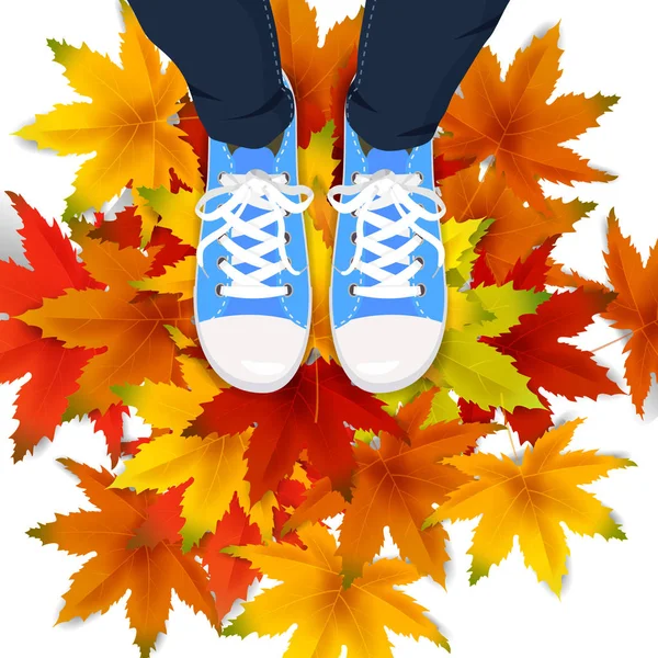 Autumn leaves background template with red, orange, brown and yellow maple leaves legs top view in shoes sneakers on colorful falling leaves. Vector illustration poster, frame, web banner