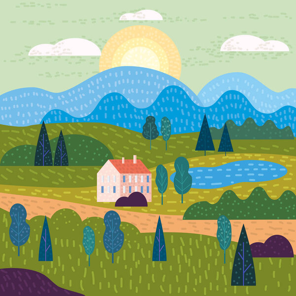 Landscape rural country with building, house mountains hills and trees. Vector illustration in trendy simple minimal geometric flat style, websites, banner, cover poster