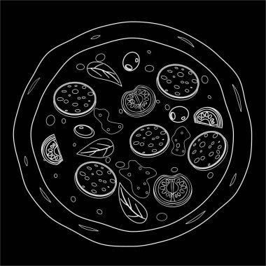 Pizza farklı malzemelerle domates, peynir, zeytin, sosis, fesleğen doodle lineart tarzında. Geleneksel İtalyan fast food. Avrupa geleneksel atıştırmalık. Yalıtılmış beyaz arka plan vektör illüstrasyonu