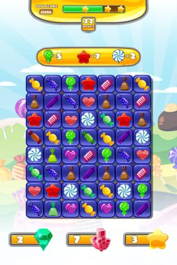 Oyun Ui Candy Match 3 set oyun simgeleri, düğmeler ve elemanları arayüzü oyun tasarım kaynak çubuğu ve oyunlar karikatür tarzı için lolipop ve tatlı gıda çeşitleri. Tatlı şeker arazi oyunu arka plan