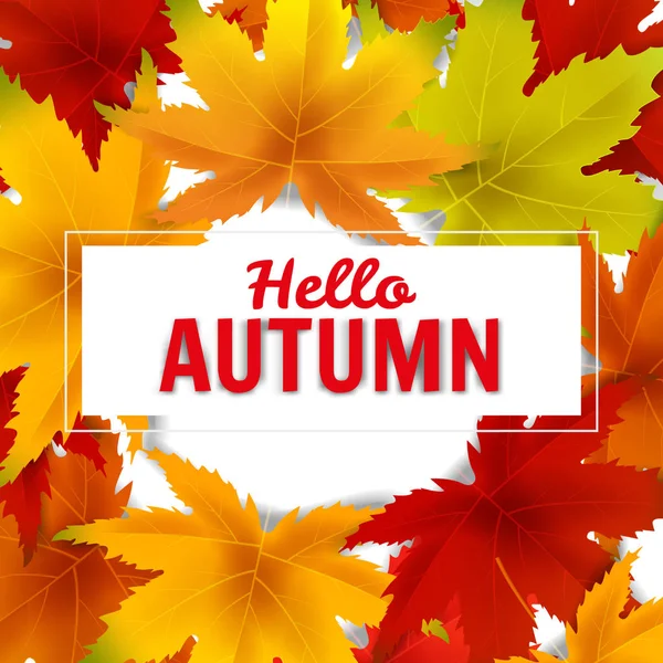 Hello Autumn Background Template, con montón de hojas que caen, venta de compras o póster de temporada para la promoción de descuento de compras, postal y tarjeta de invitación. Vector ilustración Voucher, Banner — Vector de stock