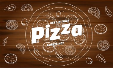 Restoran ve kafe için pizza yemek menüsü. Ahşap arka plan fast food malzemeler ve metin ile doodle lineart tarzı şablon el ilanı baner tasarım. Gıda menüsü veya sokak gıdası için vektör çizimi