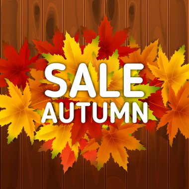 Satılık Sonbahar Arka Plan Şablonu, ahşap tahtalar, alışveriş indirimi promosyon, Kartpostal ve Davet kartı için mevsimlik poster yaprakları düşen demet ile. Vektör çizimi