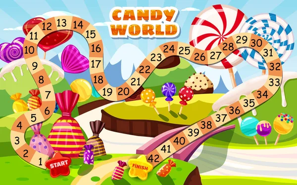 Candy Board Game per bambini e bambini - viaggio attraverso i dolci lecca lecca caramelle Candy World. Illustrazione vettoriale isolato stile cartone animato — Vettoriale Stock
