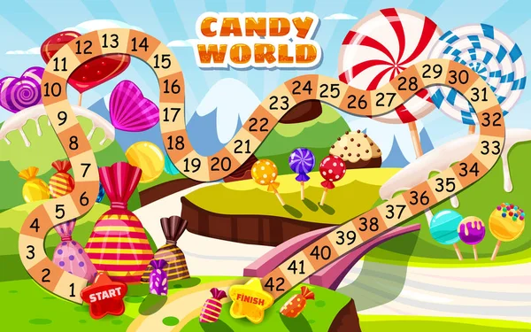 Çocuklar ve çocuklar için Candy Board Oyunu - tatlı Candy World şeker lolipop tatlılar ile yolculuk. Vektör illüstrasyon izole karikatür tarzı