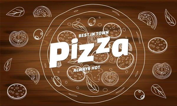 Restoran ve kafe için pizza yemek menüsü. Ahşap arka plan fast food malzemeler ve metin ile doodle lineart tarzı şablon el ilanı baner tasarım. Gıda menüsü veya sokak gıdası için vektör çizimi