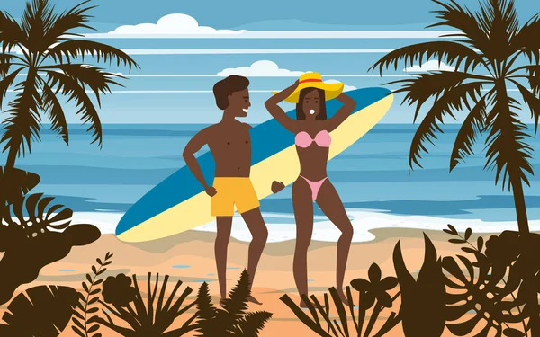 Yaz Tatili Plajı'ndaki Mutlu Çift. Karısı ve Kocası Surfboard kum tatil kum Sea Palm ve egzotik tropikal sahil çiçek yürüyüş zevk ile. Vektör İllüstrasyon poster baner izole