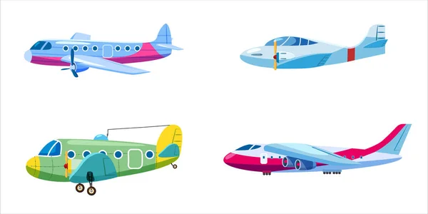 Set van vliegtuigen luchtvaartuigen verschillende kleur. Retro, persoonlijke, vracht, snelheid, monoplane. Vector geïsoleerde cartoon stijl — Stockvector