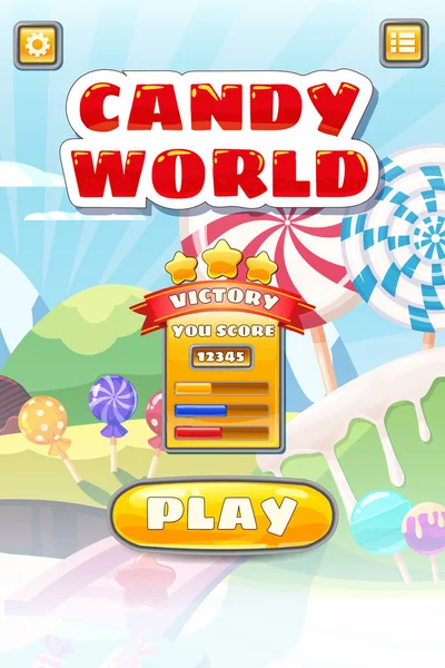 Jeu UI Candy World Match 3 définir des boutons de jeu, et les éléments interface barre de ressources de conception de jeu pour le style de dessin animé de jeux. Bonbons doux fond de jeu terrestre Illustration vectorielle isolée — Image vectorielle