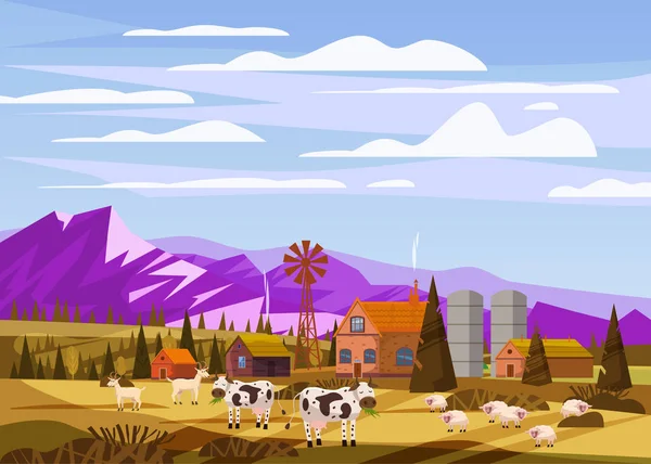 Paesaggio rurale fattoria con campi verdi colline e fabbricati fattoria villaggio animali mucche pecore. Illustrazione vettoriale isolato baner poster — Vettoriale Stock