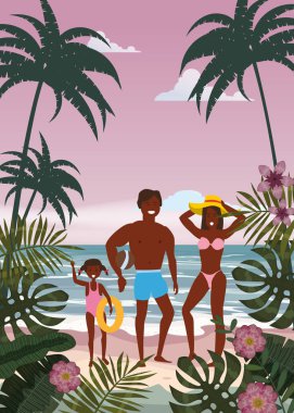 Yaz Tatili Plajı'nda Mutlu Aile. Baba Anne ve Kızı Kum Denizi Okyanusu'nda yürüyüş Plaj Tatil zevk. Palmiye ve egzotik tropikal sahil çiçek. Vektör İllüstrasyon poster baner izole